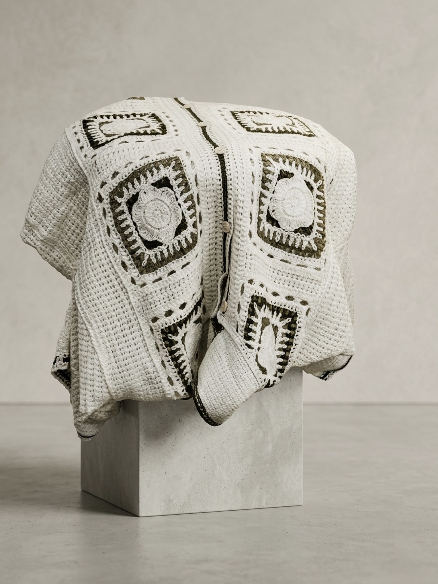 Chemise crochet blanc cassé avec détails verts au design élégant et raffiné – Image 2
